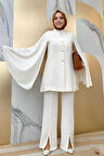 Pelerinli Düğme Detay Ceket ve Pantolon Takım 8354 Ekru