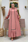 Taş Detaylı Abaya Sıfır Kol Elbise Takım 3657 Pudra