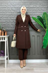 Cep ve Düğme Görünümlü Uzun Ceket Pantolon Takım 8357 Kahverengi