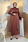 Etek Püskül Detay Kemer Aksesuarlı Saten Abiye Elbise 3763 Kahverengi