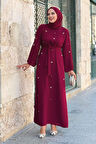 Taş Detaylı Bel Kuşaklı Elbise 3797 Bordo