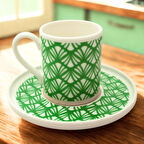 Yeşil Yaprak Desenli 6 Kişilik Porselen Kahve Fincan Takımı