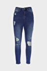 Büyük Beden Judy Koyu Mavi Yüksek Bel Patı Fermuarlı Yıpratma Detaylı Skinny Fit Jean Pantolon C 4521-264