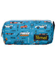Temel Taşıt Desenli Okyanus Mavisi Tek Gözlü Kalem Çantası