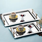 Porsima Yüzük 2li Paslanmaz Çelik Gümüş Kahve Tepsisi Gold Beyaz Detaylı Dekoratif Servis Sunum Tepsisi