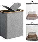 150 Lt Katlanır Kumaş Bambu Çamaşır Sepeti 2 Bölmeli İçi Fileli Kirli Çamaşır Sepeti