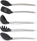 5'li Silikon Kaşık Kepçe Seti, Silikon Kaşık, Spatula, Kepçe, Kevgir, Spagehetti Kaşığı