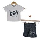 Erkek Çocuk İkili Takım Baskılı Beyaz T-Shirt Gri Şort