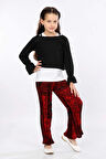 Mornio Kız Çocuk 3'lü Takım Fırfırlı Kol Sweatshirt,T-shirt ve Geniş Paça Pantolon MRN2426