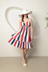 Kadın Renkli Çizgili, Ayarlanır İp Askılı, Fırfır Detaylı Yazlık Kumaş  Elbise KKTS3005