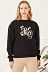 Go Veform Kadın Nakışlı Sıfır Yaka Sweatshirt Siyah ZN5098