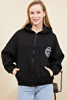 Go Veform Kadın Yarasa Kol Fermuarlı Cepli Kapüşonlu Sweatshirt Siyah ZN5119