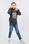 Erkek Çocuk Üç İp İçi Şardonlu Baskılı Kapüşonlu Kışlık Sweatshirt Gri MRN7016