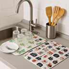 Su Emici Desenli Bulaşık Kurutma Matı 2'li Set Tek Taraflı Baskılı