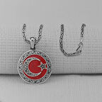 Gravur İşlemeli Büyük Boy Ay Yıldız 925 Ayar Gümüş Erkek Kolye