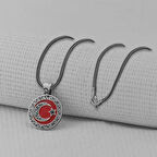 Gravur İşlemeli Ay Yıldız 925 Ayar Gümüş Erkek Kolye