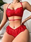 ÖZEL TASARIM  KIRMIZI DANTEL İŞLEMELI FANTEZI ŞIK SÜTYEN KÜLOT TAKIMI