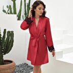 Kadın Saten Sırt Detaylı Dantelli Sabahlık ve String Takım (5738)