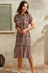 Günlük Kısa Kol V Yaka Kadın Viskon Çizgili Yazlık Uzun Elbise Anıl 5751 MAN5751
