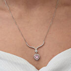 Pembe Taşlı Kalp Zirkon Taşlı 925 Ayar Gümüş Kadın Kolye