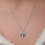 Renkli Taşlı Kalp Figürlü Yonca 925 Ayar Gümüş Kadın Kolye