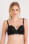 Kadın Siyah Dantelli Çıkma Pedli Göğsü 2 Beden Büyük Gösteren Süngerli Sütyen