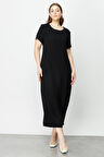 Moda İlgi Kadın Büyük Beden Kısa Kollu Uzun Elbise 8002 Siyah