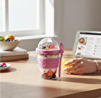 Titiz 600 ml Kaşıklı Yoğurt & Müsli Kabı - Taşınabilir Kase - Pembe