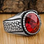 Oval Kırmızı Zirkon Taşlı Desenli 925 Ayar Gümüş Yüzük