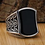 Siyah Oniks Taşlı Çizgi Motifli 925 Ayar Gümüş Erkek Yüzük