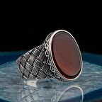 Oval Kırmızı Akik Taşlı Örgü Desenli Erkek Gümüş Yüzük