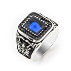 Mavi Zirkon Taşlı Osmanlı Armalı Erkek Gümüş Yüzük