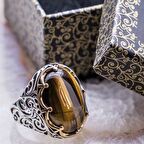 Kaplan Gözü Taşlı Kral Taçlı  Gümüş Yüzük