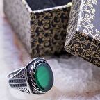 925 Ayar Gümüş Yeşil Akik Taşlı Erkek Yüzük