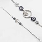 925 Ayar Gümüş  Zirkon Taşlı Nazarlı  Kalpli Kadın  Bileklik