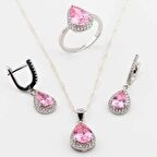925 Ayar Gümüş Pembe Zirkon Taşlı Damla Model Kadın Set