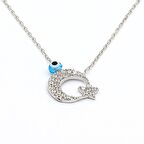 925 Ayar Gümüş Zirkon Taşlı Nazar Boncuklu Ay Yıldız Kolye