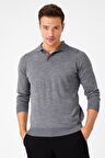 Desen Triko Erkek Basic Polo Yaka İnce Triko Kazak 02421601 Füme