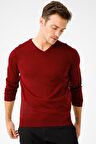 Desen Triko Erkek Basic V Yaka İnce Triko Kazak 02421602 Bordo