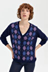 Desen Triko Kadın V Yaka Önü Baklavalı Hırka 24040 Y.A. Lacivert