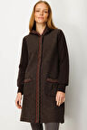 Desen Triko Kadın Kapüşonlu Önü Keçe Yün Kaban 25019 Koyu Kahve