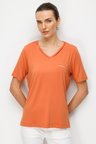 Desen Triko Kadın V Yaka Cebi Saten Şeritli Penye T-Shirt 26828 Somon