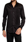 Gk 214 Slim Fit Klasik Yaka Pamuk Saten Uzun Kol Siyah Gömlek 