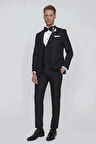 Black 063 Slim Fit Yelekli Çıkarılabilir Saten Yaka Siyah Damatlık Smokin Takım