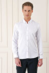 Gk 717 Slim Fit Düğmeli Yaka Dokulu Pamuklu Klasik Beyaz Gömlek