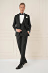 Black 077 Slim Fit Çıkma Saten Yaka Yelekli Siyah Damatlık Smokin Takım