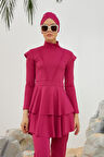 Likralı Tam Kapalı Tesettür Mayo Deniz Mayosu Fırfır Detaylı T223-46 Fuşya | 36
