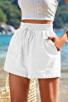 Ghassy Co. Kadın Bambu Keten İç Göstermez Cepli Beli Bağcıklı Tatil Günlük Şort