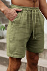 Ghassy Co. Erkek %100 Pamuk Muslin Keten Rahat Günlük Cepli Bağcıklı Tatil Şort