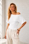 Ghassy Co. Kadın Düşük Omuz Pamuklu Likralı Yarasa Kol Bluz Günlük Modern Tasarım Spor T-Shirt 